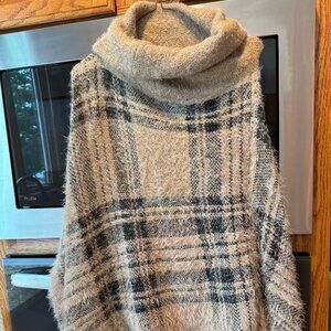 G by Giuliana Poncho Oversized Turtleneck Beige & Black Plaid One Size